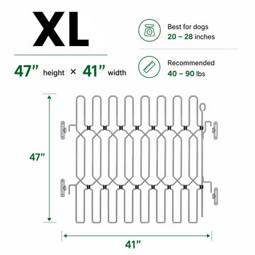 Size XL dog gate, 47 inches tall by 41 inches wide