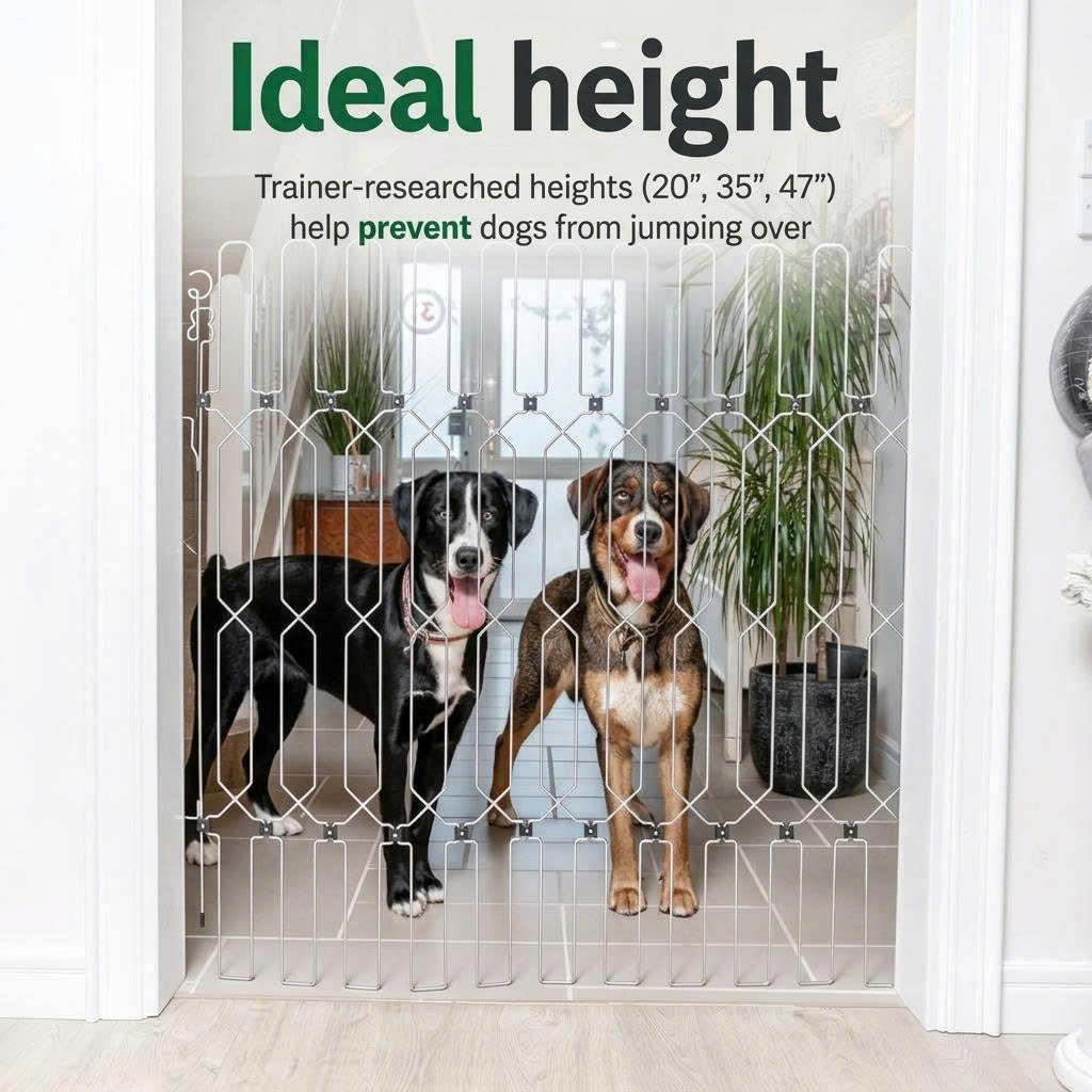 Golden retriever and border collie behind a black Dog Safety Gate Plus in a front doorway