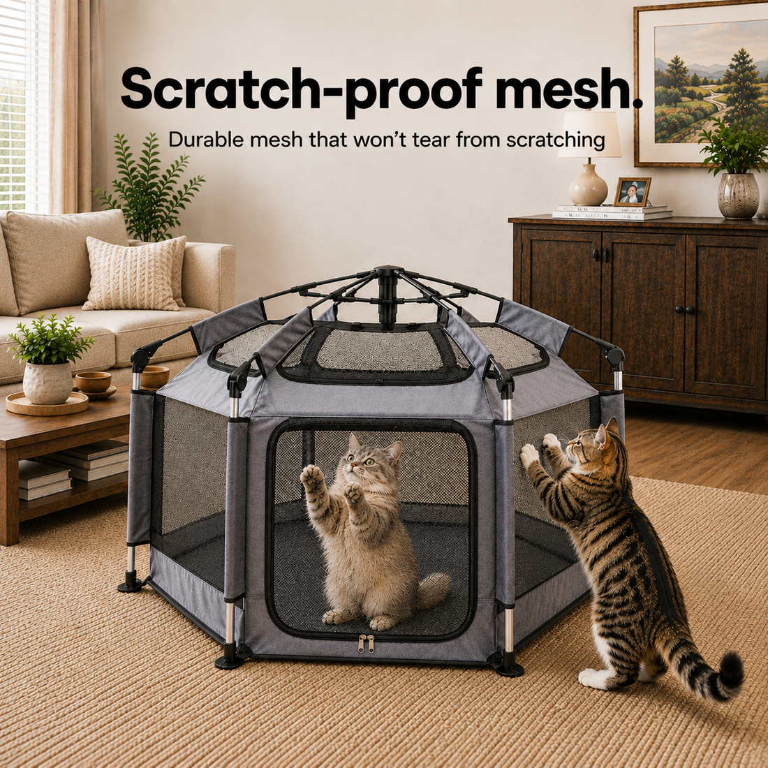 Two cats resting inside a gray pop-up cat play tent in a living room
