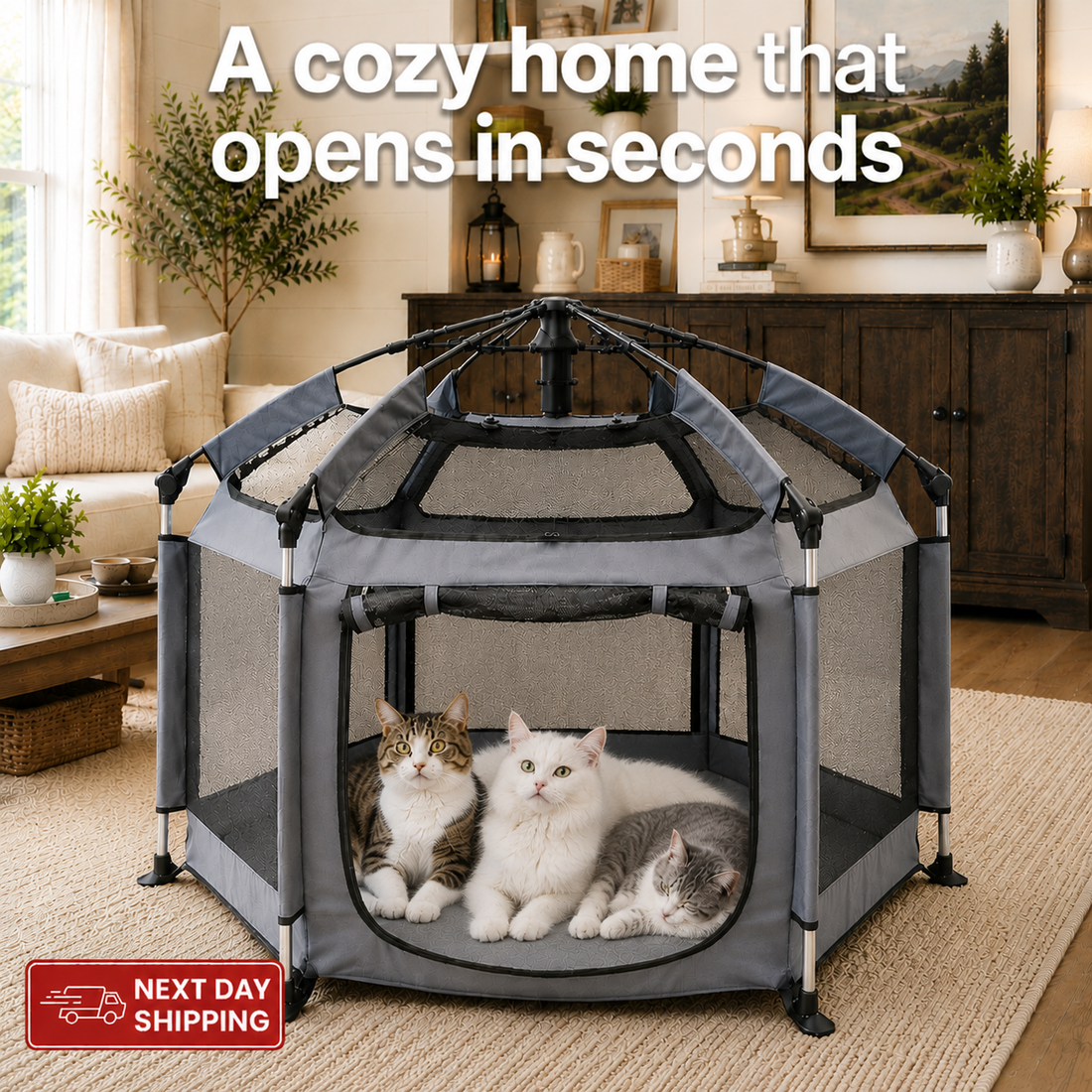 Two cats resting inside a gray pop-up cat play tent in a living room
