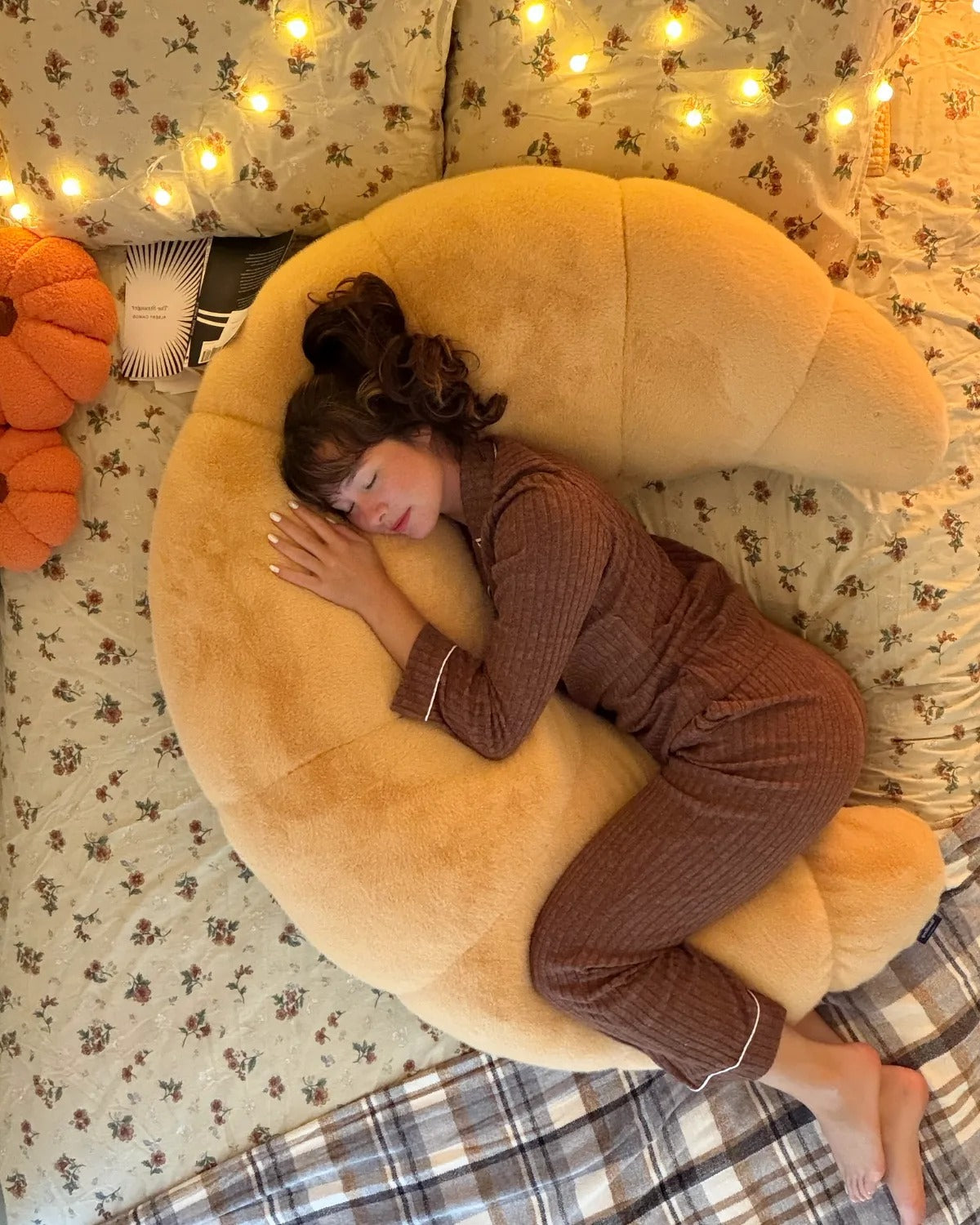 Nesting in crescent moon cuddle pillow faux fur cover