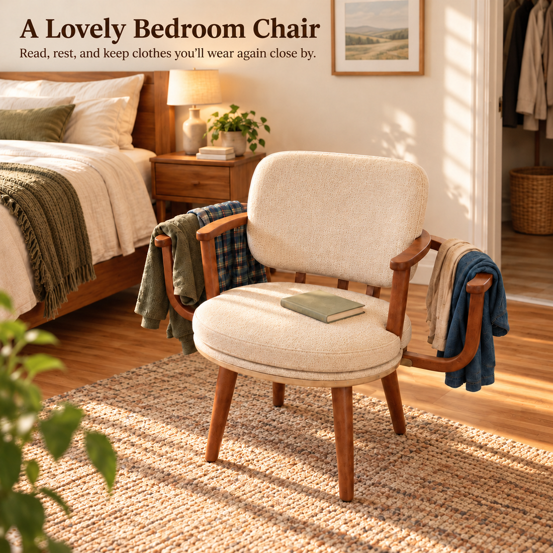 Green Wear Chair in a living room with a sweater draped over its rotating clothes rail