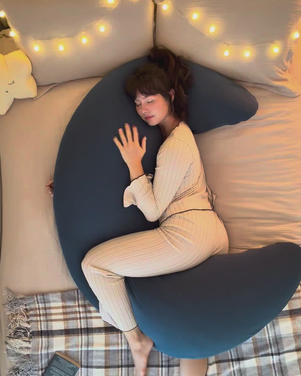 SnuggleMoon body pillow in EverMoon Indigo cover – video
